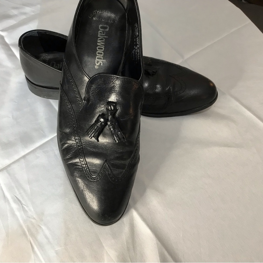 Mens Leather Oakwoods tassle black slip on shoes size 8.5  BI